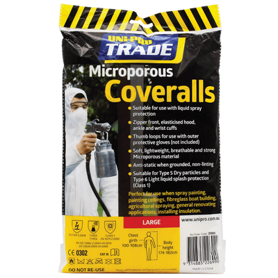 UNI PRO Microporous Coveralls with breathable hooded protective suit for spray painting, waterproofing, construction, insulation, agricultural spraying and general industrial applications.