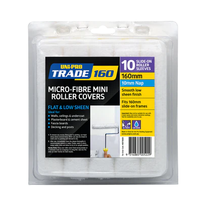 UNi-PRO Trade 160mm Microfibre Mini Roller Covers 10 Pack with 10mm nap for smooth and low sheen finishes on walls, ceilings, plasterboard and timber surfaces.
