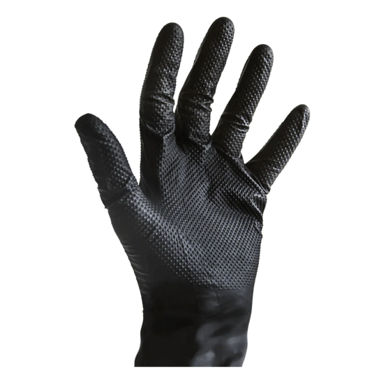 A single black nitrile glove with textured grip