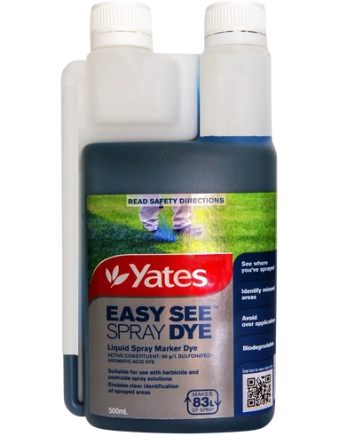 Yates Easy See Liquid Spray Dye 500mL blue biodegradable marker dye for herbicide and pesticide spray applications, helping identify treated areas and reduce overspray.