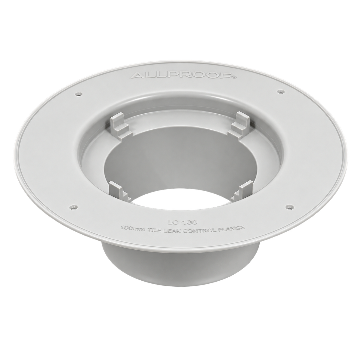 Allproof 100mm PVC Leak Control Flange for floor waste waterproofing systems, providing a secure watertight connection between the waterproofing membrane and drainage outlet.
