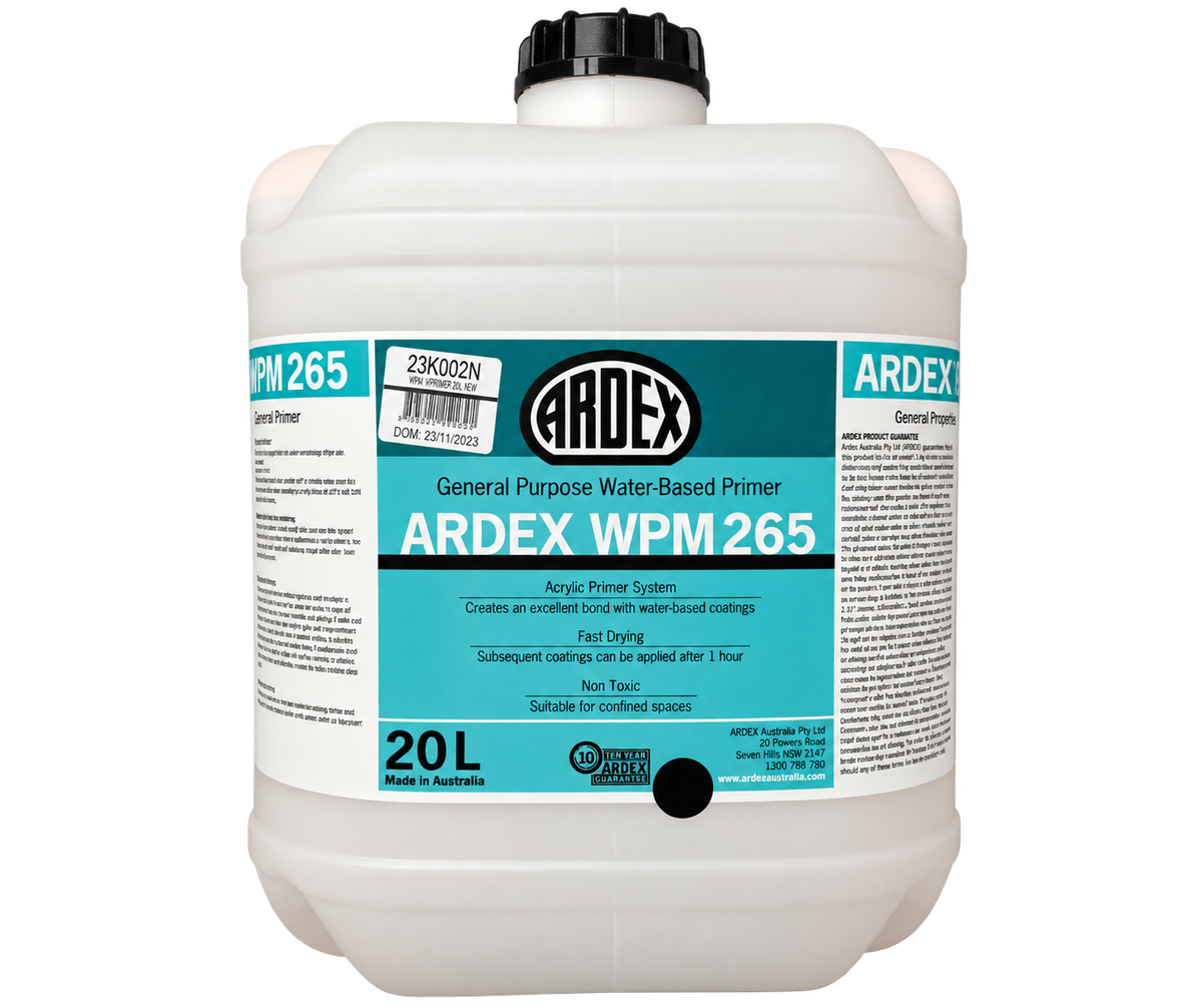 Ardex WPM 265 Water-Based Primer 20L acrylic primer for improving adhesion of waterproofing membranes, coatings, and flooring systems on porous surfaces.