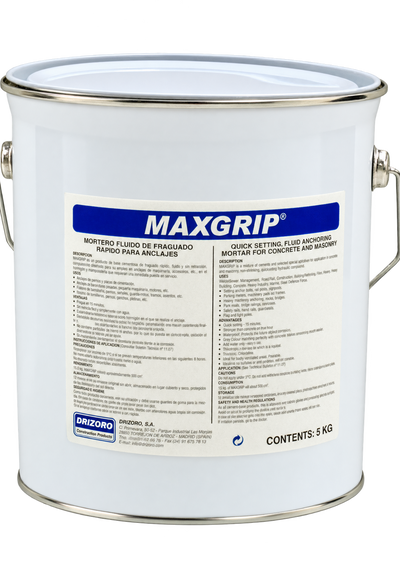 Drizoro MAXGRIP Rapid Anchoring Grout 5kg quick-setting fluid anchoring mortar for securing bolts, machinery, steel posts, and structural fixings in concrete and masonry.