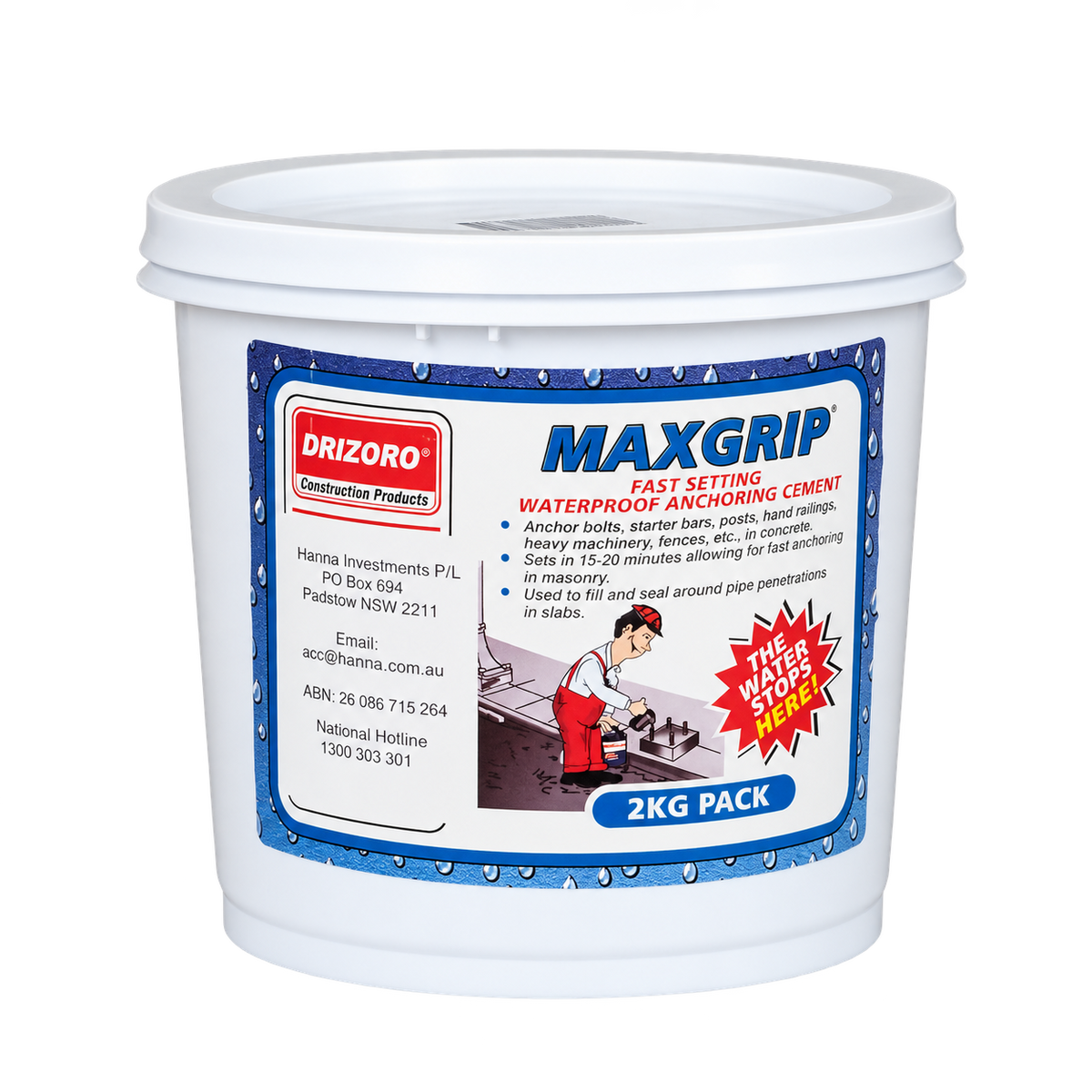 Drizoro MAXGRIP Fast Setting Waterproof Anchoring Cement 2kg for anchoring bolts, posts, railings, machinery, and sealing pipe penetrations in concrete.