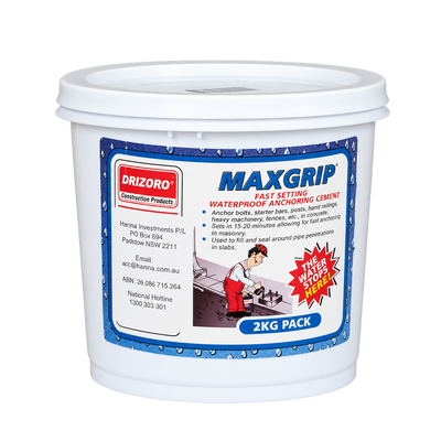 Drizoro MAXGRIP Fast Setting Waterproof Anchoring Cement 2kg for anchoring bolts, posts, railings, machinery, and sealing pipe penetrations in concrete.
