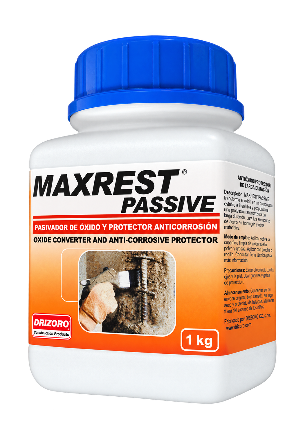 Drizoro MAXREST PASSIVE 1kg oxide converter and anti-corrosive protector for treating rusted steel reinforcement before concrete repair and corrosion protection applications.