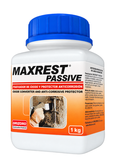 Drizoro MAXREST PASSIVE 1kg oxide converter and anti-corrosive protector for treating rusted steel reinforcement before concrete repair and corrosion protection applications.