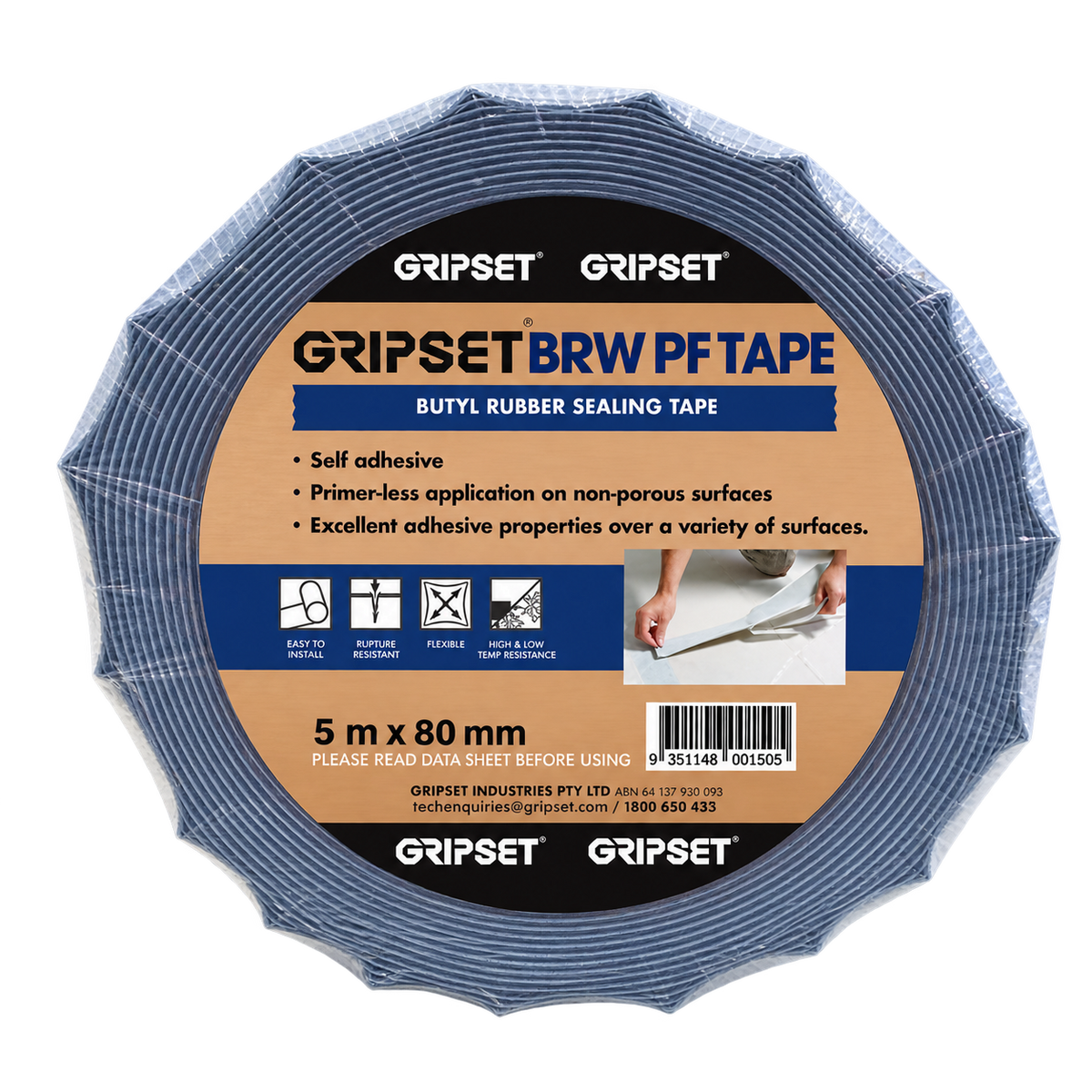 GRIPSET BRWPF self-adhesive butyl rubber sealing tape measuring 5m x 80mm, designed to provide a flexible waterproof seal around joints, penetrations, flashings, and detailing on non-porous surfaces before waterproofing applications.