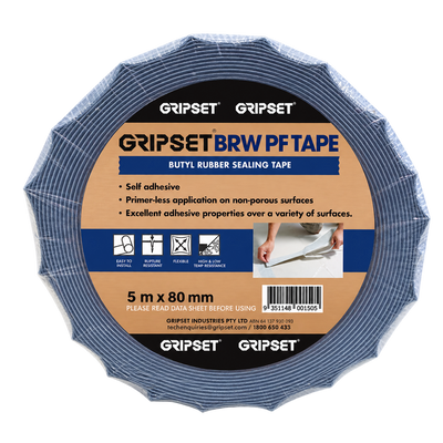 GRIPSET BRWPF self-adhesive butyl rubber sealing tape measuring 5m x 80mm, designed to provide a flexible waterproof seal around joints, penetrations, flashings, and detailing on non-porous surfaces before waterproofing applications.