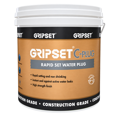 Gripset C-PLUG rapid set water plug cement-based compound for instantly stopping active water leaks in concrete, masonry, tunnels, basements, retaining walls, and other waterproofing applications.