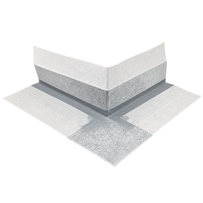 Preformed external waterproofing corner with a flexible rubber centre and non-woven fleece backing, designed to reinforce external wall and floor corners, hobs, curbs, and movement joints in waterproofing membrane systems.