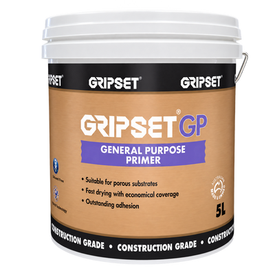 Gripset GP General Purpose Primer 5L water-based primer for improving adhesion on porous concrete, masonry, fibre cement, screeds, and other absorbent substrates before waterproofing, tiling, and flooring applications.