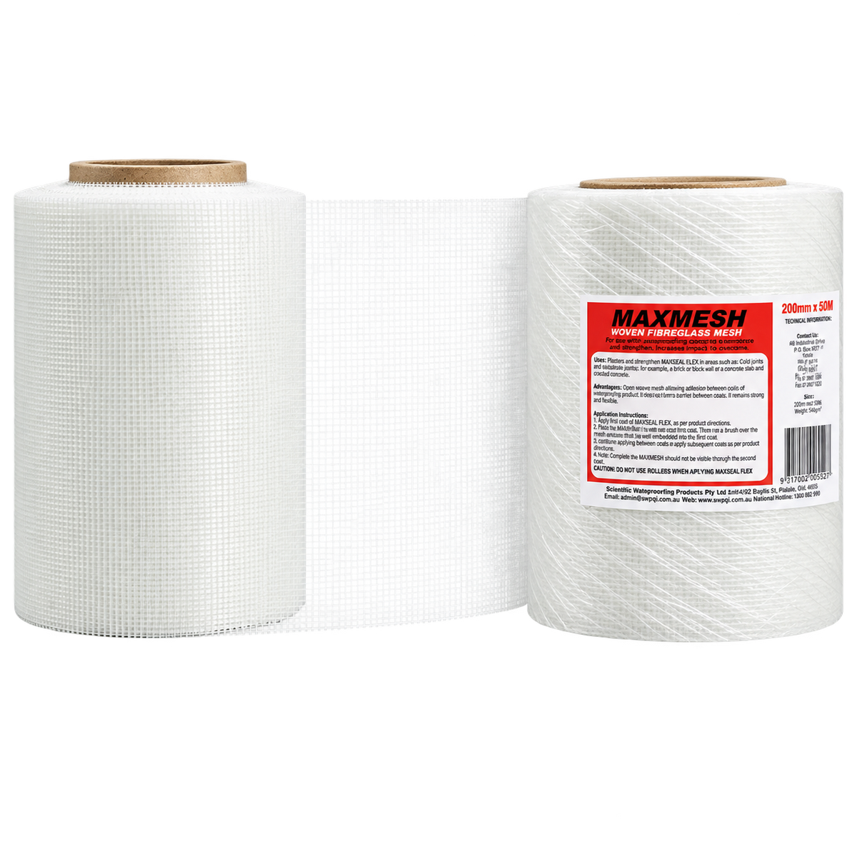 MAXMESH woven fibreglass mesh roll 200mm x 50m for reinforcing waterproofing membranes, crack repairs, and cementitious coating applications.