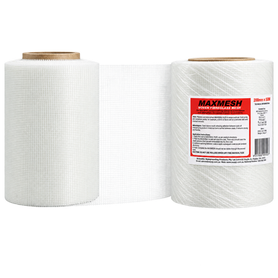 MAXMESH woven fibreglass mesh roll 200mm x 50m for reinforcing waterproofing membranes, crack repairs, and cementitious coating applications.