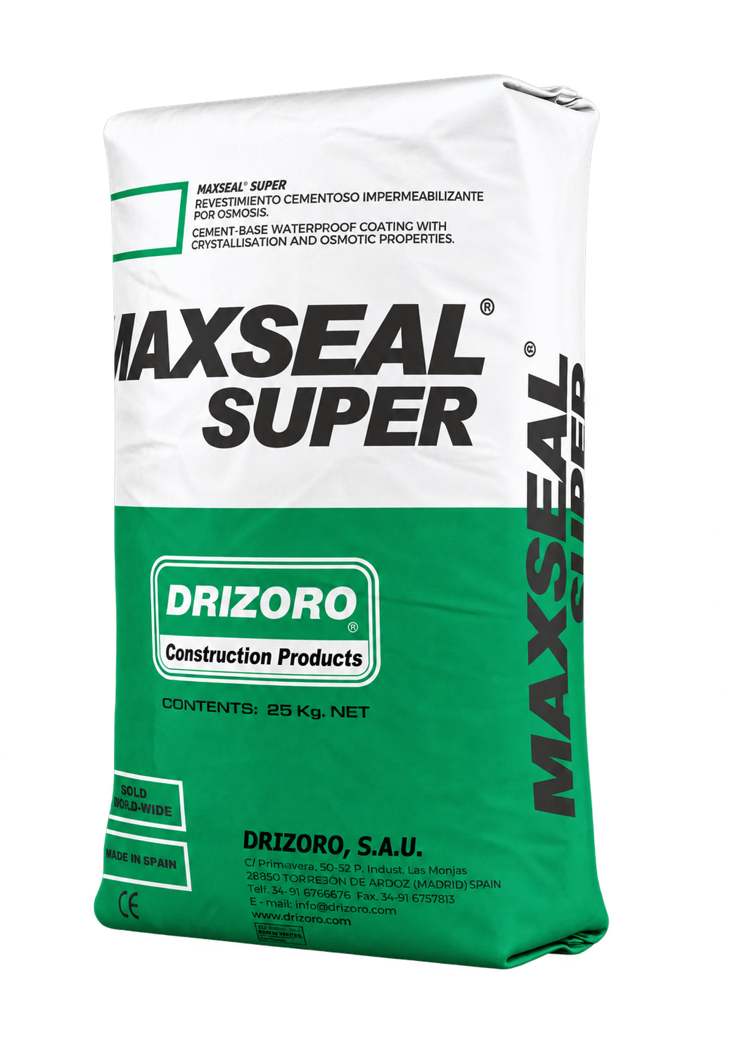 Drizoro Maxseal Super 25kg cement-based waterproof coating for protecting concrete and masonry structures against water penetration in below and above ground applications.