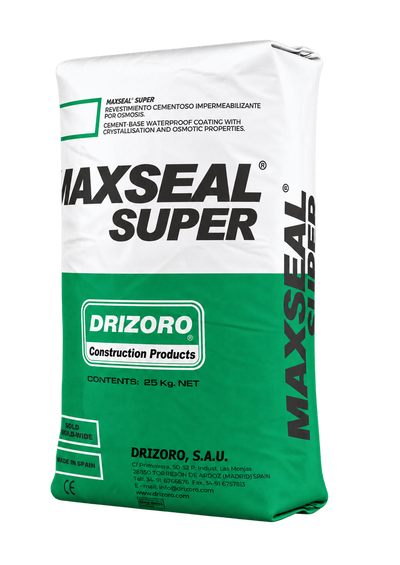 Drizoro Maxseal Super 25kg cement-based waterproof coating for protecting concrete and masonry structures against water penetration in below and above ground applications.