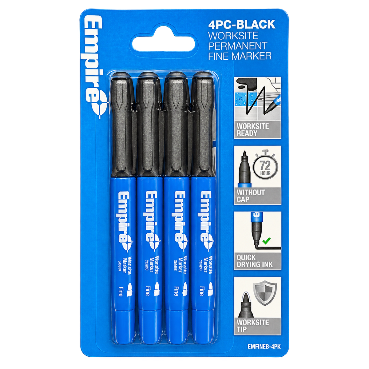 Empire 4-piece black worksite permanent fine marker set with quick-drying ink for marking concrete, timber, metal, plastic, and other jobsite materials.