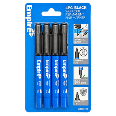 Empire 4-piece black worksite permanent fine marker set with quick-drying ink for marking concrete, timber, metal, plastic, and other jobsite materials.