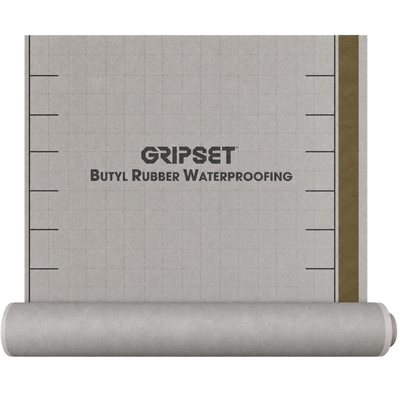 Gripset BRW PFN Butyl Rubber Waterproofing Membrane 1mm x 1m x 10m Roll for waterproofing balconies, bathrooms, rooftops, wet areas, and below-ground applications, providing a durable self-adhesive waterproof barrier
