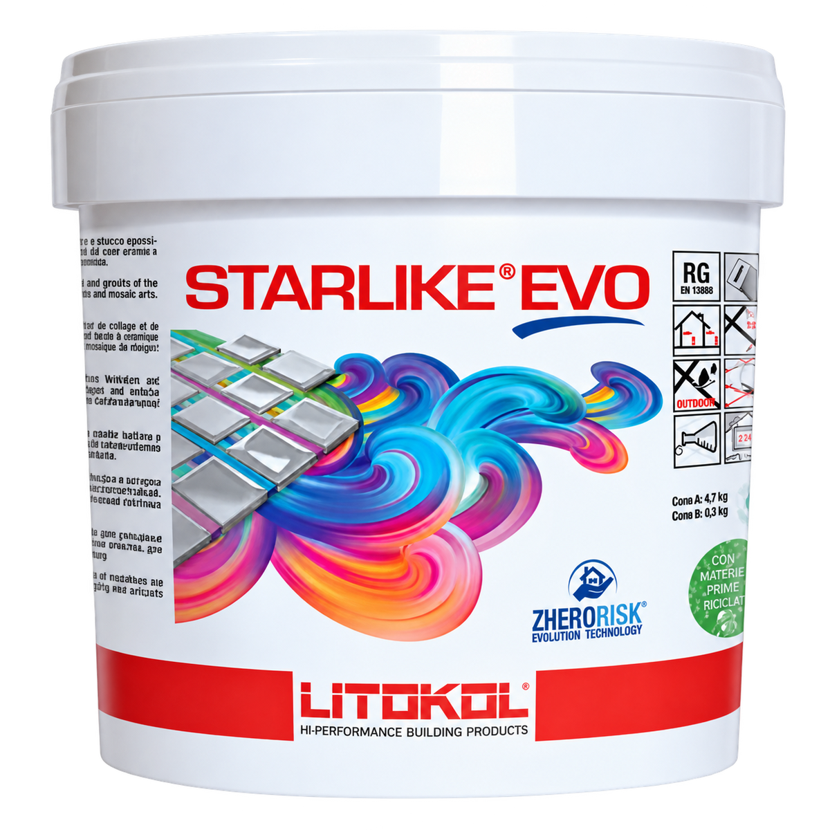 Litokol Starlike EVO epoxy grout and adhesive for ceramic tiles, porcelain, glass mosaics and natural stone, offering stain-resistant, durable and waterproof joint filling.