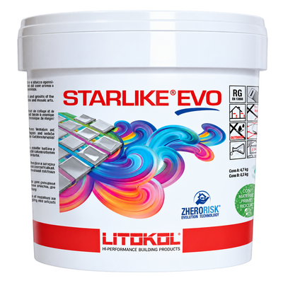 Litokol Starlike EVO epoxy grout and adhesive for ceramic tiles, porcelain, glass mosaics and natural stone, offering stain-resistant, durable and waterproof joint filling.