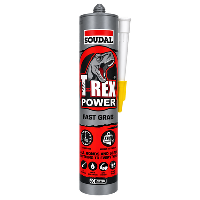 Soudal T-Rex Power Fast Grab 290mL high-strength construction adhesive with instant grab for bonding timber, concrete, brick, stone, metal, plasterboard, ceramics and most building materials.