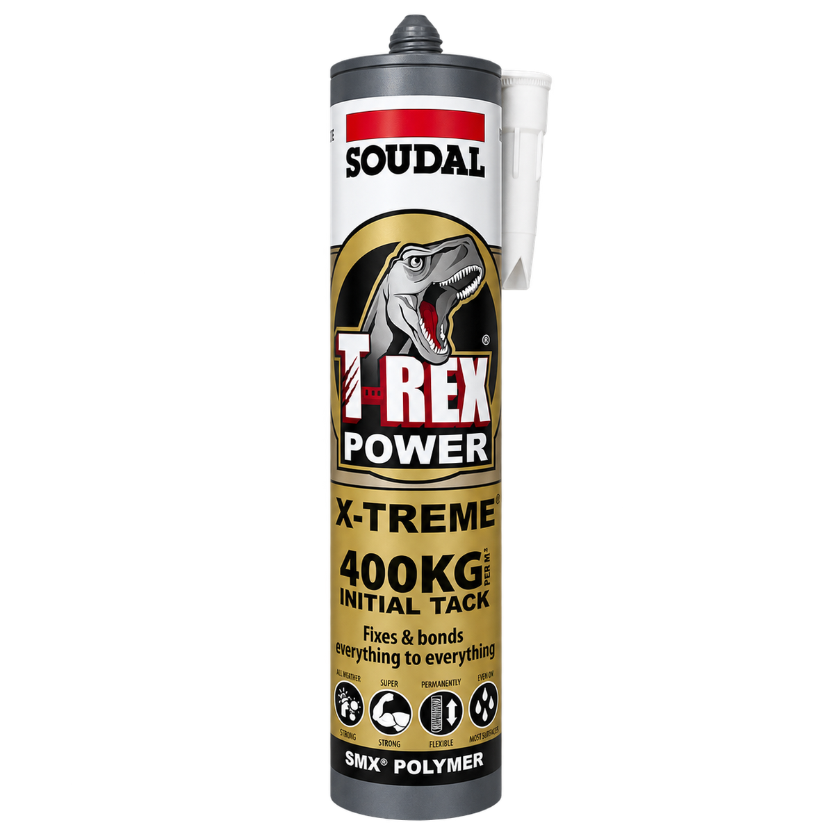 Soudal T-Rex Power X-Treme SMX polymer adhesive with 400kg initial tack for high-strength bonding of construction materials, suitable for interior and exterior applications.