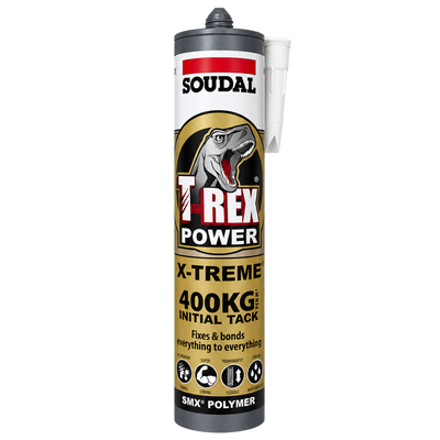 Soudal T-Rex Power X-Treme SMX polymer adhesive with 400kg initial tack for high-strength bonding of construction materials, suitable for interior and exterior applications.