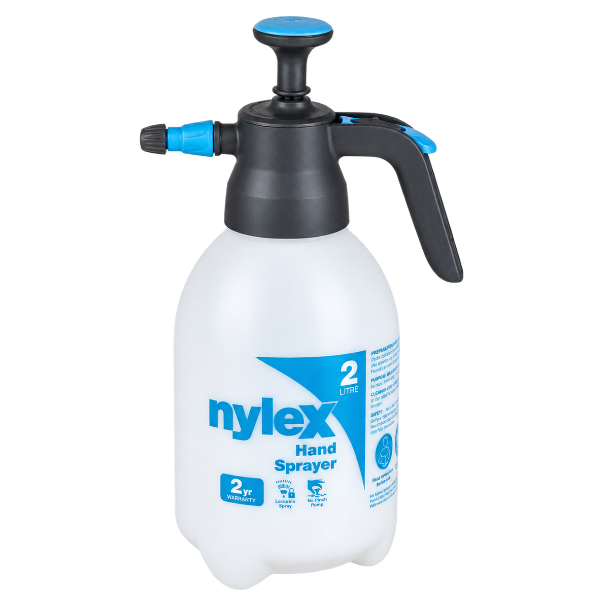 Nylex 2L hand sprayer with adjustable nozzle and pump-action pressure system for applying water, cleaners, sealers, and garden or construction chemicals.