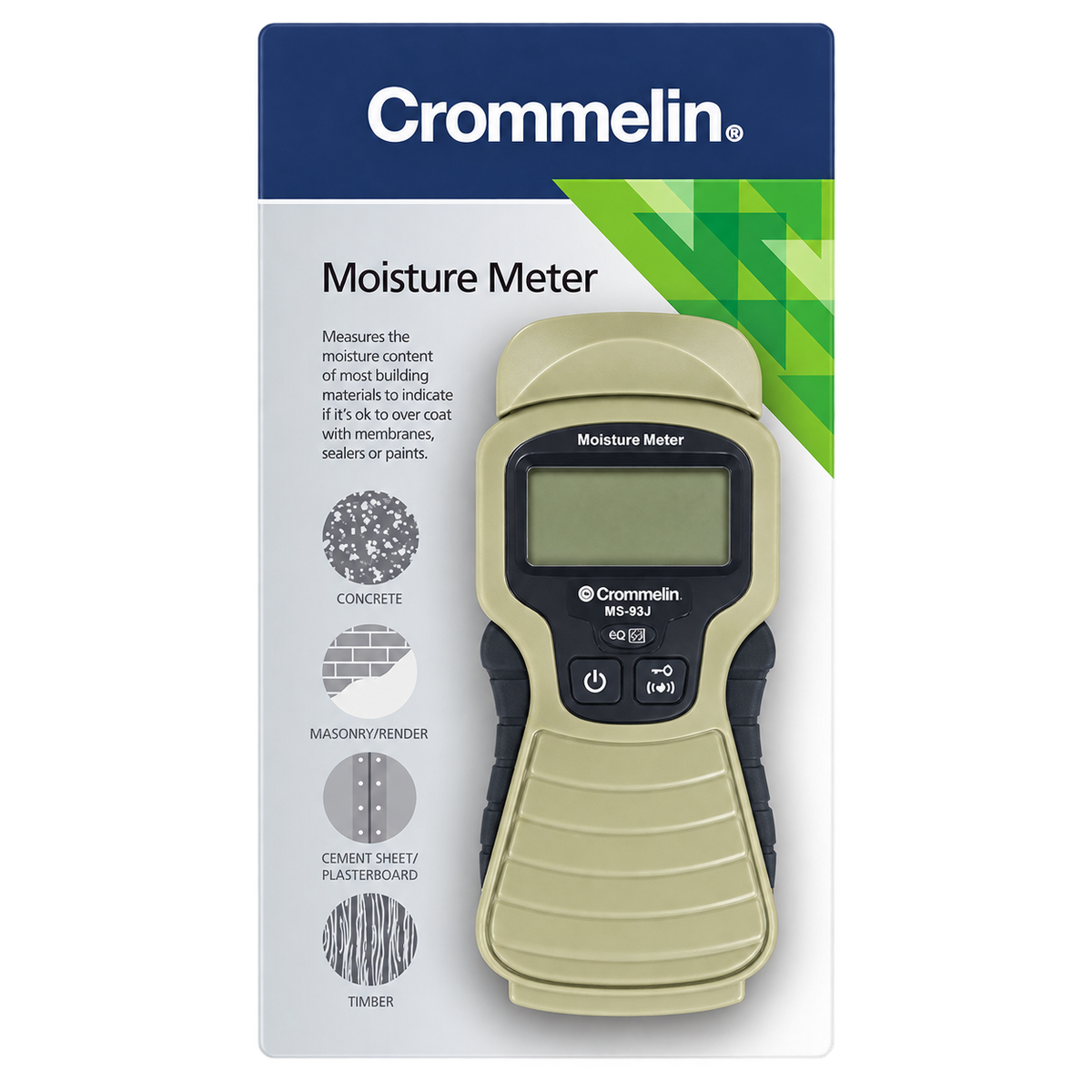 Crommelin moisture meter for non-destructive moisture testing of concrete, masonry, timber, cement sheet, plasterboard, and other building materials before coating or waterproofing.