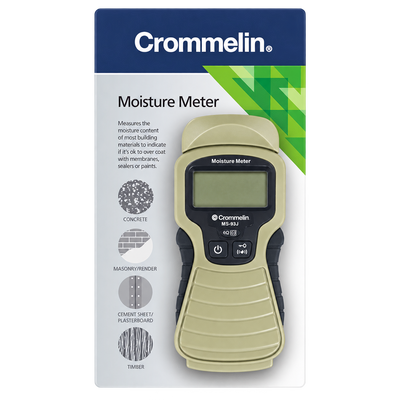 Crommelin moisture meter for non-destructive moisture testing of concrete, masonry, timber, cement sheet, plasterboard, and other building materials before coating or waterproofing.