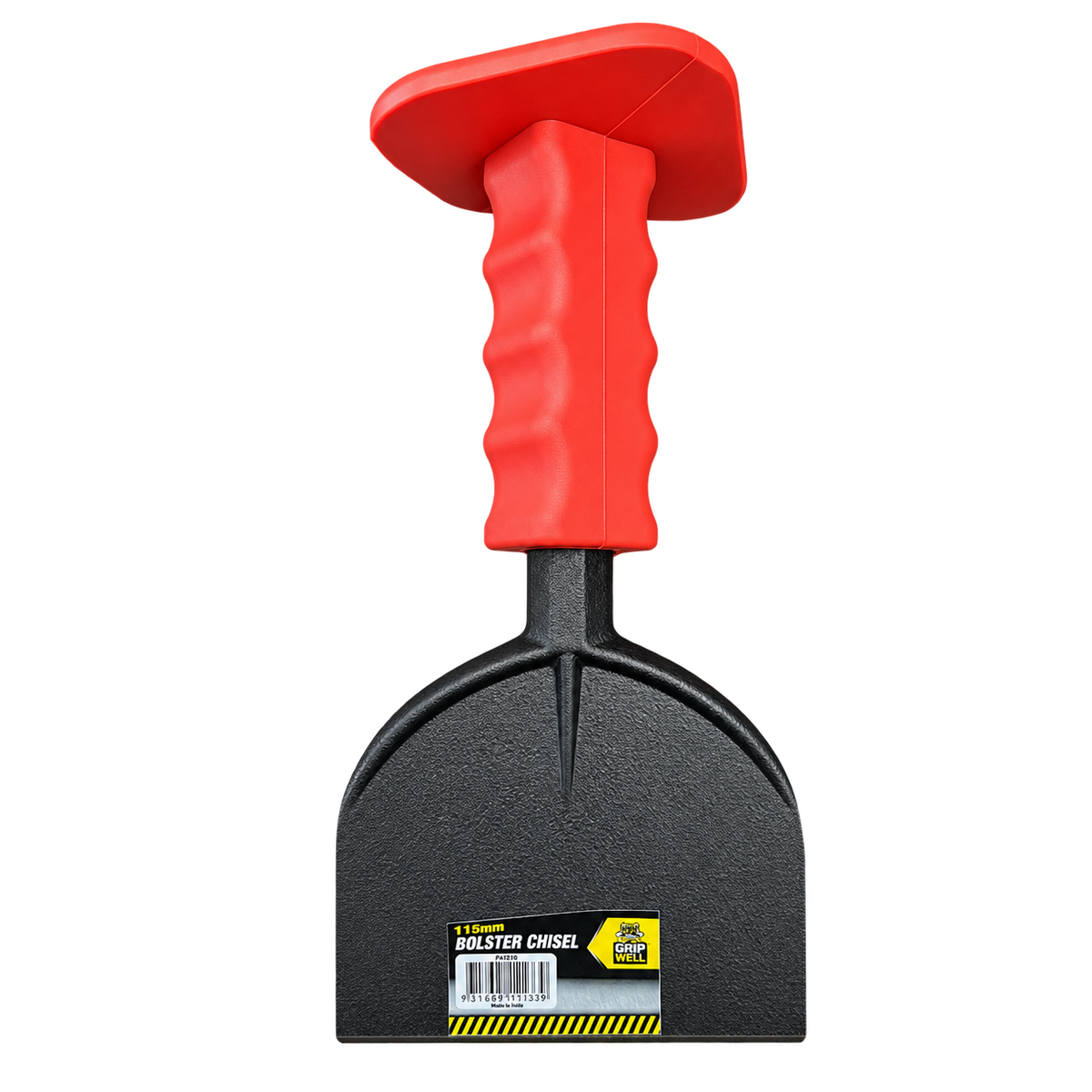 Grip Well 115mm brick bolster chisel with hand guard and ergonomic grip for cutting, shaping, and splitting bricks, blocks, masonry, and concrete.