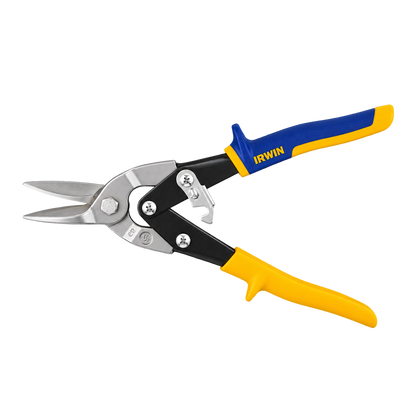 IRWIN Straight Cut Aviation Snips with forged steel blades and ergonomic blue and yellow grips, designed for precise straight cutting of sheet metal, aluminium, vinyl, and other thin materials.
