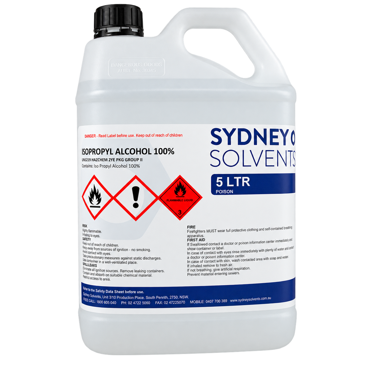 Isopropyl Alcohol (IPA) 100% 5L solvent for cleaning, degreasing, surface preparation, and removing contaminants from metal, glass, plastics, and other hard surfaces.