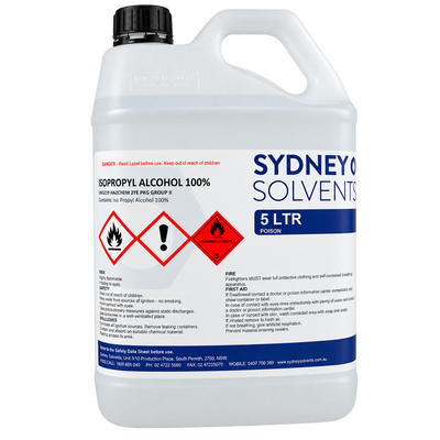 Isopropyl Alcohol (IPA) 100% 5L solvent for cleaning, degreasing, surface preparation, and removing contaminants from metal, glass, plastics, and other hard surfaces.