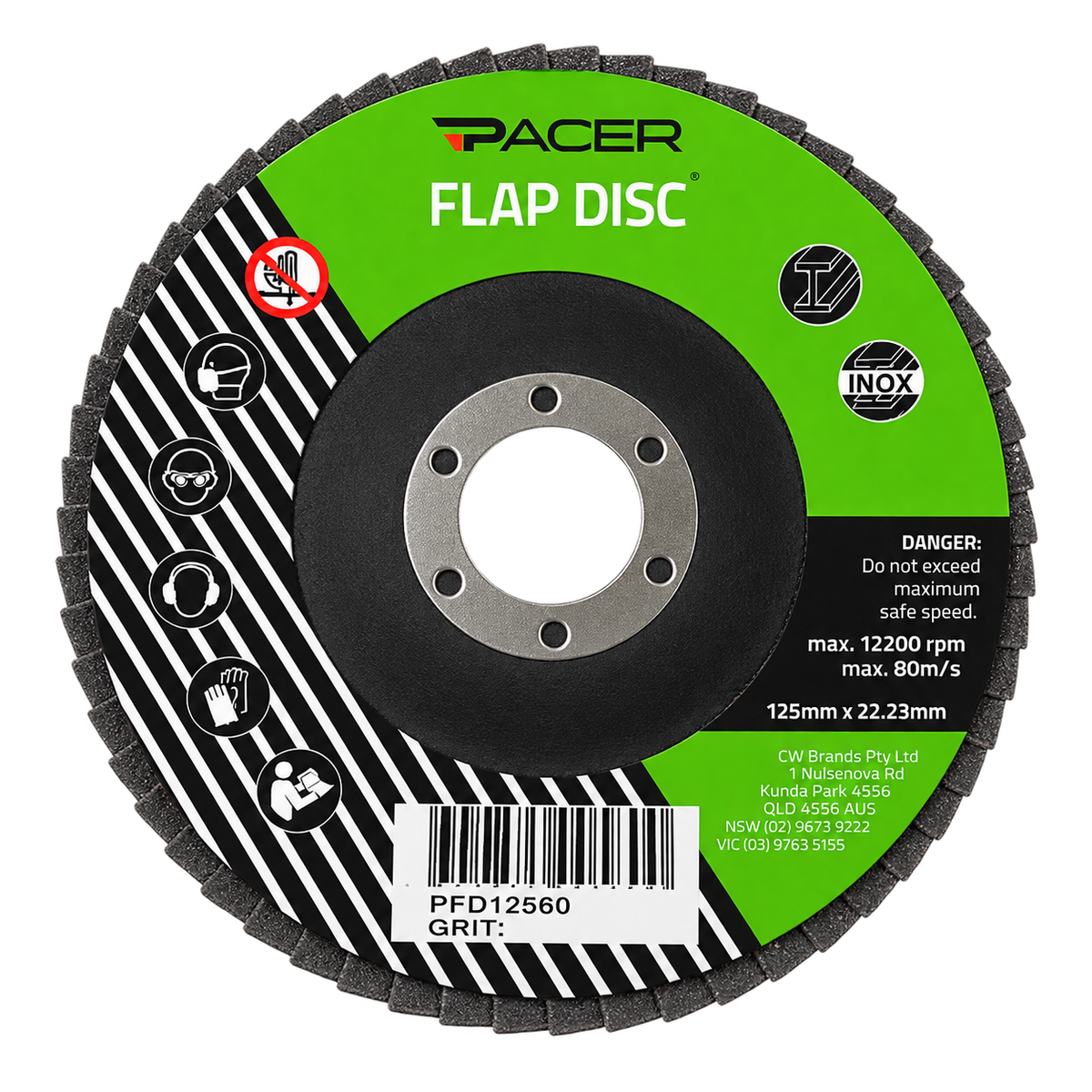 Pacer Flap Disc 125mm x 22.23mm abrasive grinding disc for grinding, blending, deburring, weld finishing, and surface preparation on steel, stainless steel, and metal surfaces