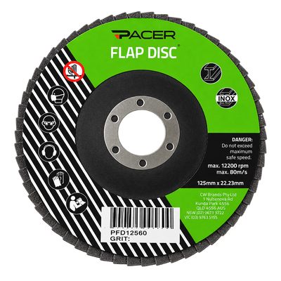 Pacer Flap Disc 125mm x 22.23mm abrasive grinding disc for grinding, blending, deburring, weld finishing, and surface preparation on steel, stainless steel, and metal surfaces