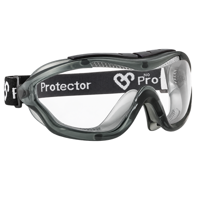Protector Compact Safety Goggles with clear anti-fog impact-resistant lenses and an adjustable elastic head strap for eye protection during construction, grinding and industrial work.
