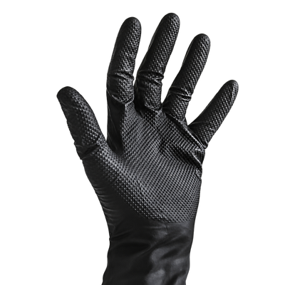 A single black nitrile glove with textured grip
