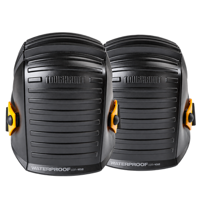 ToughBuilt waterproof knee pads with durable hard shell caps and adjustable straps for kneeling comfort and protection during tiling, waterproofing, flooring, and construction work.