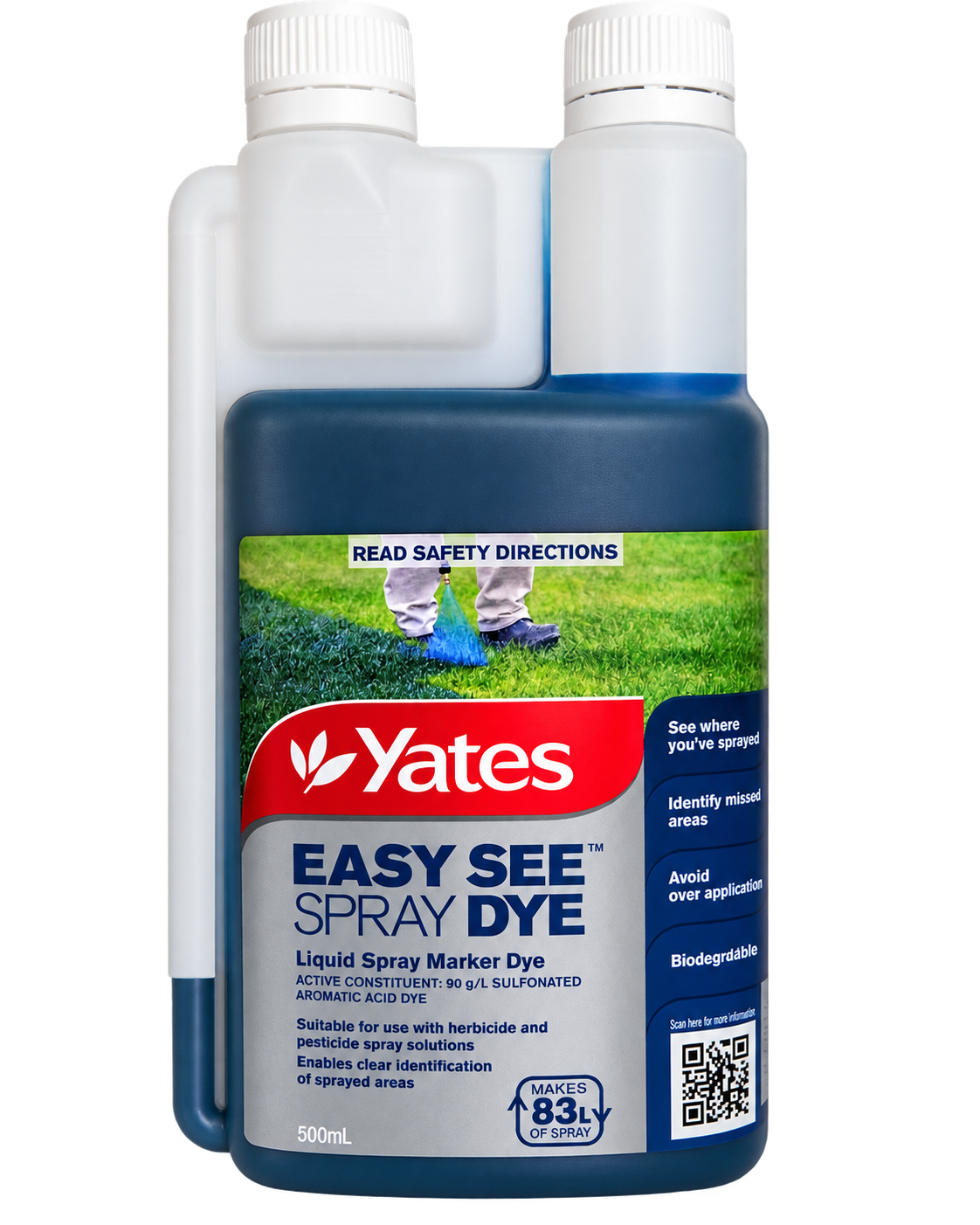 Yates Easy See Liquid Spray Dye 500mL blue biodegradable marker dye for herbicide and pesticide spray applications, helping identify treated areas and reduce overspray.