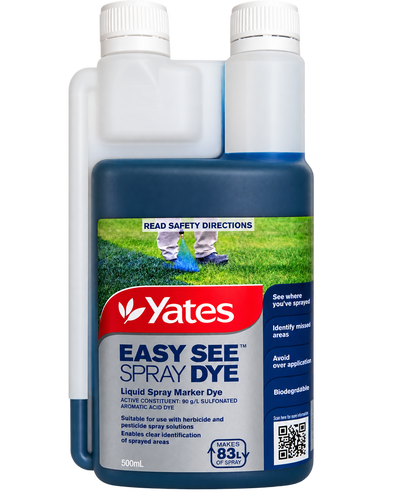 Yates Easy See Liquid Spray Dye 500mL blue biodegradable marker dye for herbicide and pesticide spray applications, helping identify treated areas and reduce overspray.