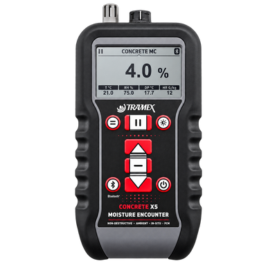 Tramex CMEX5 Concrete Multi Moisture Meter for non-destructive moisture testing of concrete floors, screeds, and building materials with digital moisture readings.