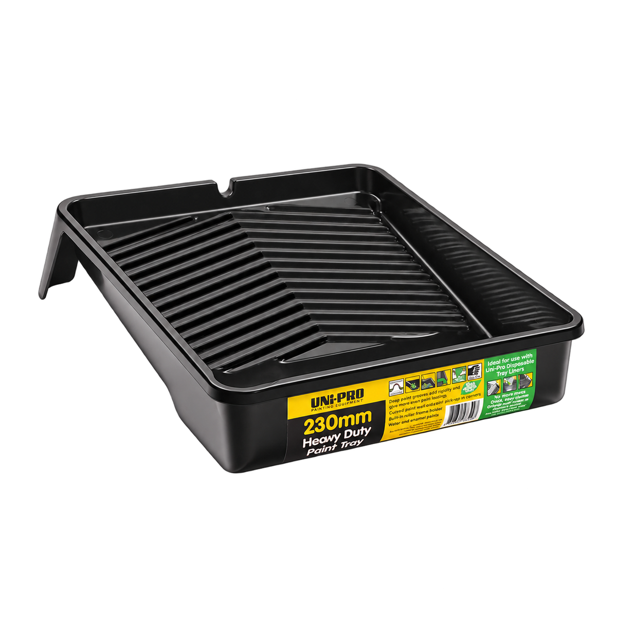 UNI PRO 230mm Heavy Duty Paint Tray for use with 230mm paint rollers, suitable for painting, waterproofing, epoxy coatings, primers and general decorating applications.