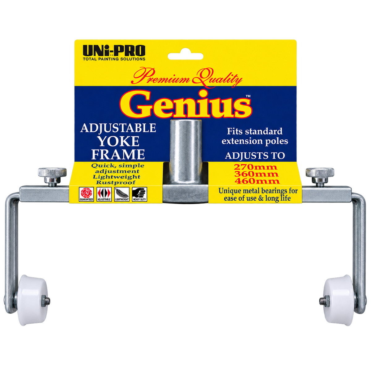 UNI-PRO Genius adjustable yoke frame with an adjustable width of 270mm to 460mm, designed to fit standard extension poles and support a range of paint rollers for efficient painting of walls, ceilings, and large surfaces.