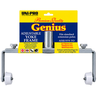 UNI-PRO Genius adjustable yoke frame with an adjustable width of 270mm to 460mm, designed to fit standard extension poles and support a range of paint rollers for efficient painting of walls, ceilings, and large surfaces.