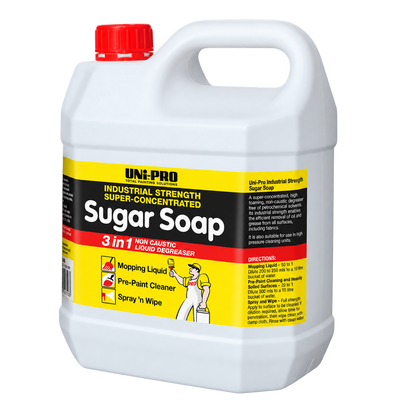 Uni-Pro 3 in 1 Sugar Soap 4L industrial strength cleaner for pre-paint surface preparation, degreasing, and general cleaning