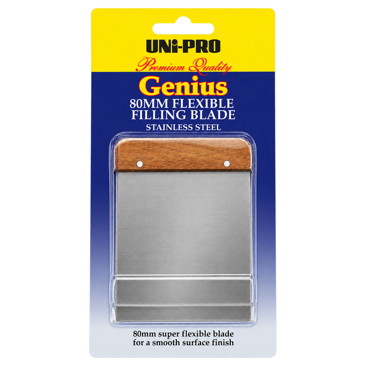 UNI-PRO Genius 80mm flexible stainless steel filling blade with a wooden handle, designed for applying and smoothing fillers, putty, plaster, and patching compounds to achieve a smooth surface finish.