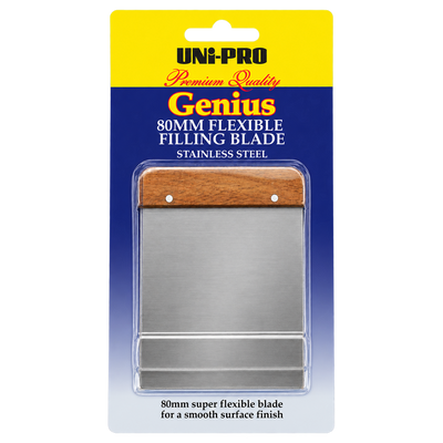 UNI-PRO Genius 80mm flexible stainless steel filling blade with a wooden handle, designed for applying and smoothing fillers, putty, plaster, and patching compounds to achieve a smooth surface finish.