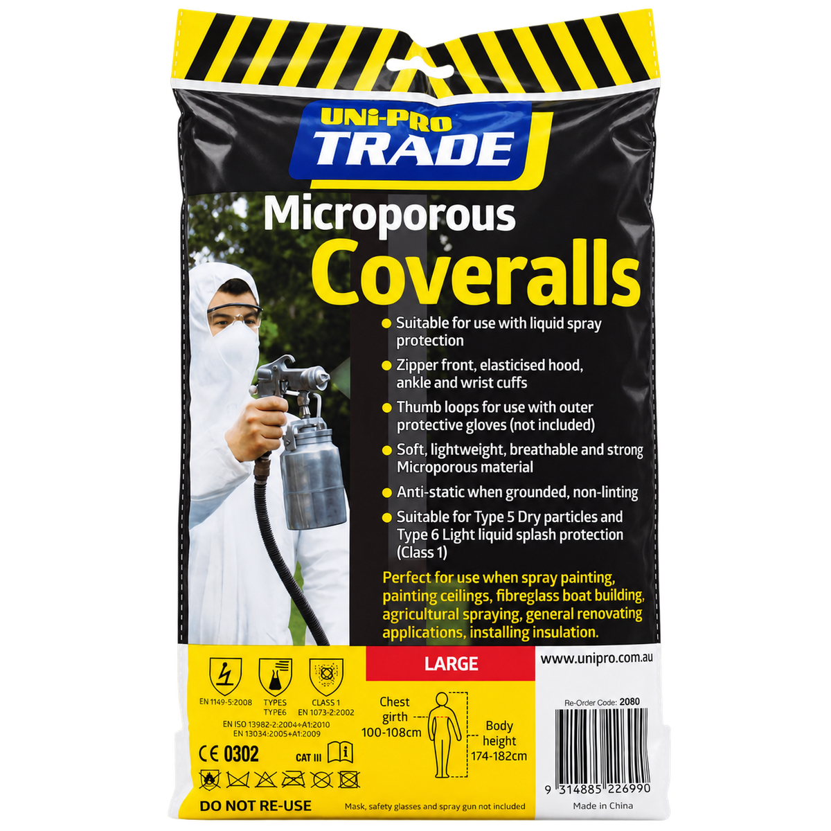 UNI PRO Microporous Coveralls with breathable hooded protective suit for spray painting, waterproofing, construction, insulation, agricultural spraying and general industrial applications.